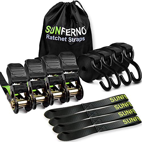 Sunferno Ratchet Straps Tie Down 2500Lbs Break Strength, 15 Foot - Heavy Duty Straps to Safely Move your Motorcycle and Cargo on Car, Truck, Trailer - Soft Loop Straps - Rachette Straps Black (4 pack)