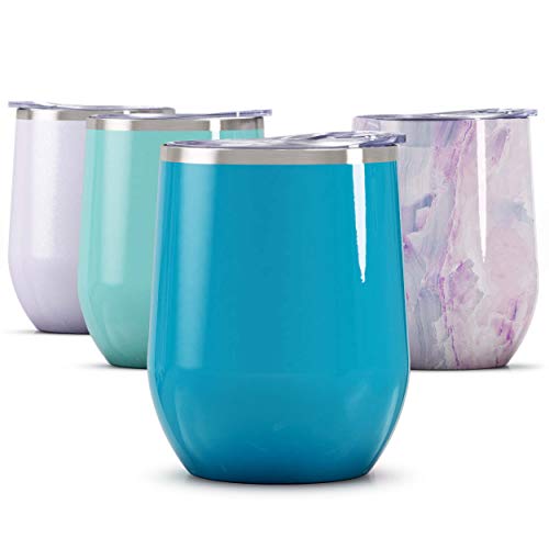 Maars Bev Stainless Steel Stemless Wine Glass Tumbler with Lid, Vacuum Insulated 12 oz Cup | Spill Proof, Travel Friendly, Fun Cocktail Drinkware - Aqua