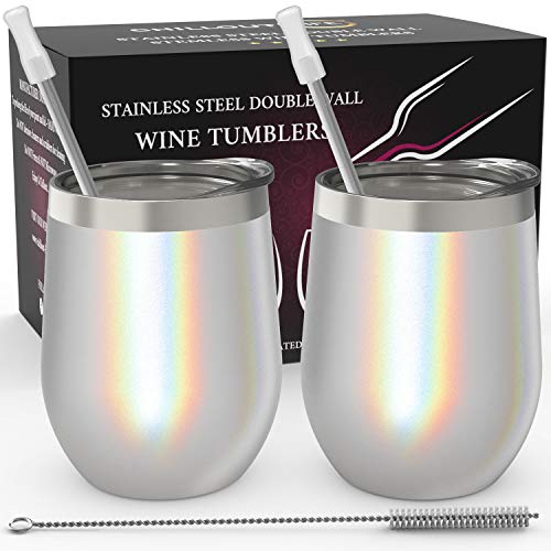 CHILLOUT LIFE Stainless Steel Wine Tumblers 2 Pack 12 oz - Double Wall Vacuum Insulated Wine Cups with Lids and Straws Set for Coffee, Wine, Cocktails (Holographic Sparkle)