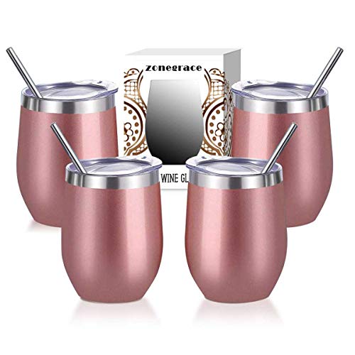 Zonegrace 4 pack Rose Gold 12 Oz Stainless Steel Stemless Wine Glass Mug, Double Wall Vacuum Insulated thermal Wine Tumbler with Lids Set of 4 for Coffee, Wine, Cocktails, Ice Cream Including 4 Straws