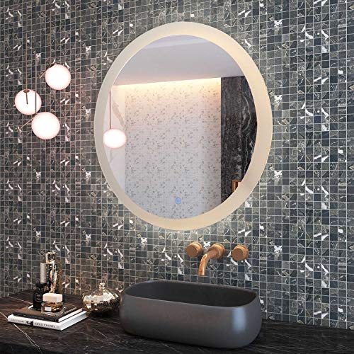 CO-Z 28'' Dimmable Round LED Bathroom Mirror, Plug-in Modern Lighted Wall Mounted Mirror with Lights&Dimmer, Contemporary Fogless Light Up Backlit Touch Vanity Cosmetic Bathroom Mirror Over Sink