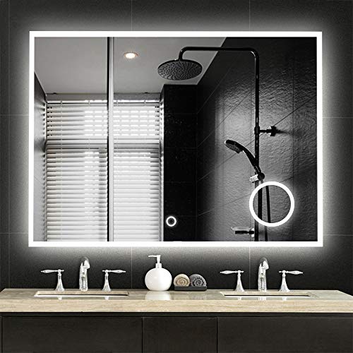 NeuType Large LED Mirrors Wall Mounted Bathroom Mirrors Dimmable Lighting Mirror with Built-in Circular Magnifier 3 Times Magnification for Cosmetic Vanity Makeup or Shaving,Touch Button(36'x28')