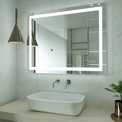 HAUSCHEN HOME 32 x 40 inch LED Lighted Bathroom Mirror, Wall Mounted Dimmable Makeup Vanity Mirror, Anti-Fog Mirror, 3-Color Adjustable Warm/Natural/White Light, Horizonal & Vertical, ETL Listed
