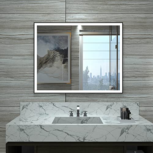 HAUSCHEN HOME 32 x 40 inch LED Lighted Bathroom Mirror, Black Framed Wall Mounted Dimmable Vanity Mirror, Anti-Fog Mirror, 3-Color Adjustable Warm/Natural/White Light, Horizonal & Vertical, ETL Listed