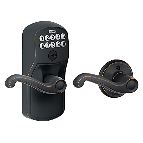 Schlage FE575 PLY 716 FLA Plymouth Keypad Lock with Flair Lever, Auto-Lock, Electronic Keyless Entry, Aged Bronze
