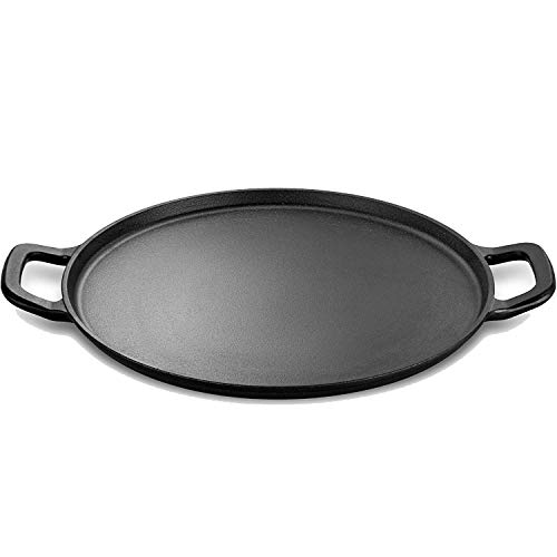 Legend Cast Iron Pizza Pan | 14” Steel Pizza Cooker with Easy Grip Handles | Deep Stone for Oven or Griddle for Gas, Induction, Sauteing, Grilling | Lightly Pre-Seasoned Cookware Gets Better with Use