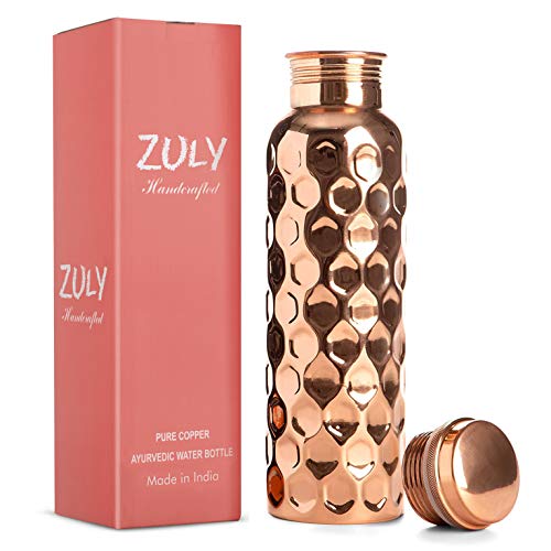 ZULY - Handcrafted Diamond Engrave 100 % Pure Copper Water Bottle | 34 Oz 1 Liter Extra Large | Ayurvedic for Drinking Water | Travel Take Out Yoga Ayurveda Health | Leak Proof Vessel | Diamond Design