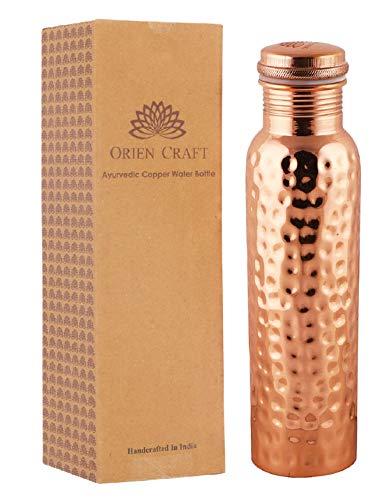 ORIEN CRAFT Pure Copper Water Bottle Ayurvedic with Lid 34 Oz Pure Hand Hammered Copper Vessel - Drink More Water, Lower Your Blood Sugar Level and Blood Pressure