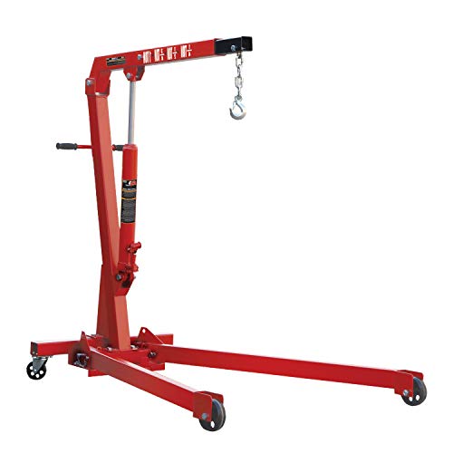 BIG RED T31002 Torin Steel Garage/Shop Crane Engine Hoist with Folding Frame, Hydraulic Long Ram Jack, and 4 Position Reinforced Boom, 1 Ton (2,000 lb) Capacity, Red