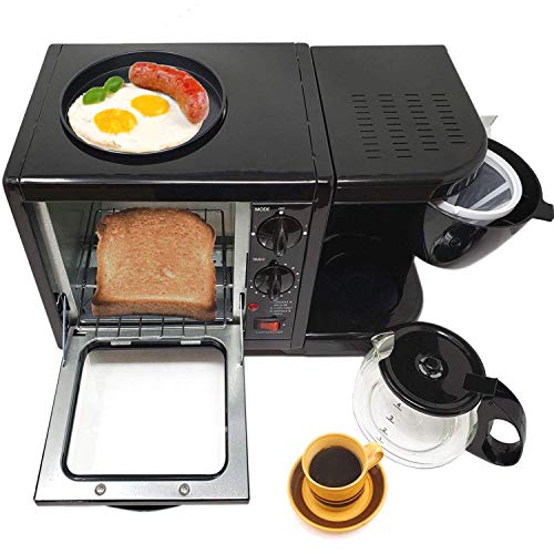 3 in 1 Breakfast Maker Station Hub 500W 5L With( 650W 4 Cup Espresso Coffee Maker, Multi Function 500W/5L Toaster Oven, Non Stick 6' Griddle)Removable Crumb Tray Timer Control Glass Carafe-PFOA Free,ETL Approved-Black