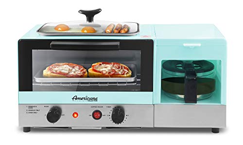 Elite Gourmet Americana EBK8810BL 2 Slice, 9.5' Griddle with Glass Lid 3-in-1 Breakfast Center Station, 4-Cup Coffeemaker, Toaster Oven with 15-Min Timer, Heat Selector Mode, Blue