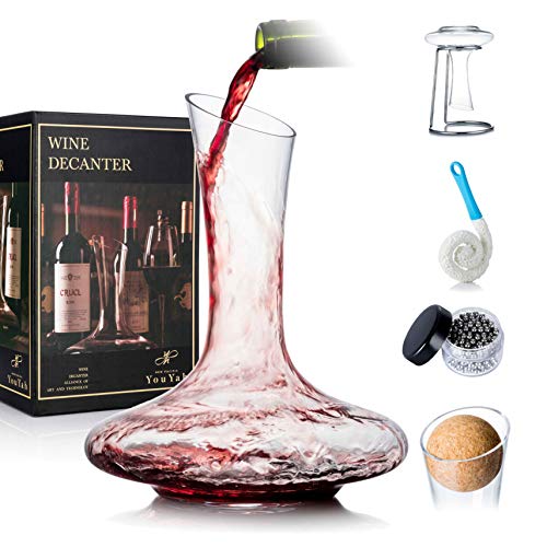 YouYah Wine Decanter Set with Drying Stand,Stopper,Brush and Beads,Red Wine Carafe,Wine Aerator,Wine Gifts,Wine Accessories,Hand-blown 100% Lead-Free Crystal Glass