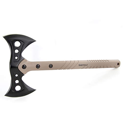 Sheffield 12179 Side Winder Double Tactical Axe with Sheath | 3.5' Dual Edge Cutting Blade | 14.5' Nylon Fiberglass Handle | Great Camping and Survival Axe for Chopping Wood, Self Defense & More