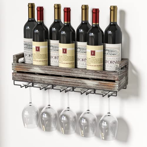 J JACKCUBE DESIGN Wall Mounted Rustic Wood Wine Storage Rack with Metal Glass Holder, Holds 7 Bottles, 5 Glasses, Decorative for Home Bar, Dining Room, Kitchen - MK566A