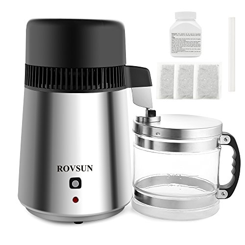 ROVSUN 4L Stainless Steel Countertop Water Distiller Machine w/Glass Container and All Stainless Steel Interior, Distilled Water Maker for Home Use, 1L/H, 750W
