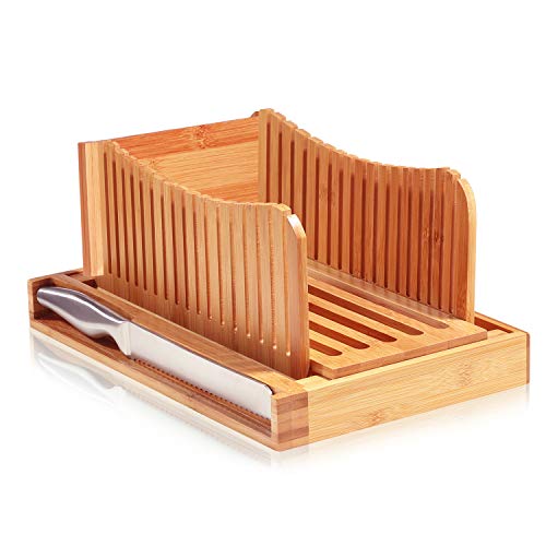 Bamboo Bread Slicer Cutting Guide with Knife - 3 Slice Thickness, Foldable Compact Cutting Board with Crumb Tray, Stainless Steel Bread Knife - for Homemade Bread, Cake, Bagels 5.5” Wide x 5” Tall