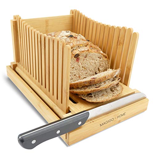 MAGIGO Nature Bamboo Foldable Bread Slicer with Crumb Catcher Tray, Bread Slicing Guide for Homemade Bread & Loaf Cakes, Thickness Adjustable (Knife not included)