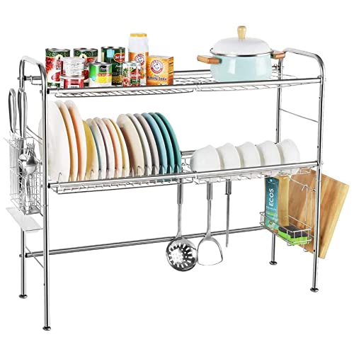 Over The Sink Dish Drying Rack, 2-Tier Stainless Steel Large Dish Drainers Over Sink Dish Rack with Utensil Holder, Length Adjustable(Sink Size ≤ 35 INCH)