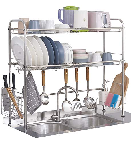 OVICAR Over The Sink Dish Drying Rack,2-Tier Large Stainless Steel Sink Dish Drainer with Utensil Holder Hooks, Dish Rack with Counter Non-Slip Stable Foot for Kitchen Storage Shelf (Silver)