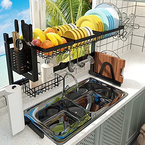 【Fit Sink 24'- 41' L】 2022 Adbiu Over The Sink Drying Rack (Expandable Dimension) Snap-On Design 2 Tier Large Dish Rack Stainless Steel Kitchen Count Organization and Storage