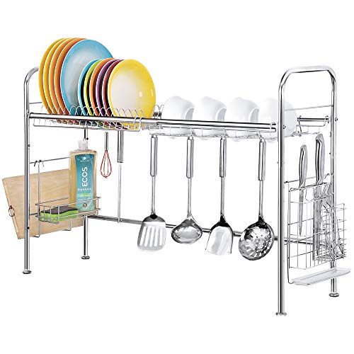 Stainless Steel Dish Drying Rack Nonslip Height Adjustable with Chopstick Holder (Double Sink) Deluxe Rustproof Dish Drainers for Kitchen Counter (Single Layer)