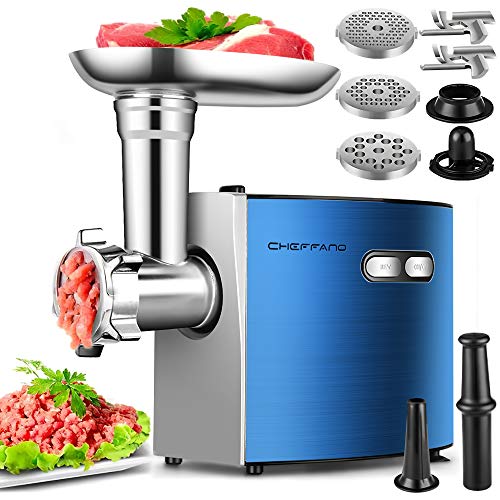 Electric Meat Grinder, CHEFFANO Stainless Steel Meat Mincer Sausage Stuffer Maker, 2600W Max ETL Approved Meat Grinder Machine with 3 Grinding Plates 2 Blades and Sausage Kubbe Kit Sets, Blue