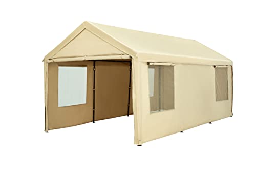Carport, 10 x 20 ft Heavy Duty Carport with Ventilated Windows, Portable Garage with Removable Sidewalls & Doors, All-Season Car Canopy for Auto, Truck, Boat, SUV, Beige