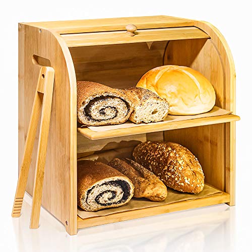 Bamboo Bread Box, Finew Double Layer Rolltop Bread Bin for Kitchen Countertop, Large Wooden Countertop Bread Storage Holder with Removable Shelf and Toaster Tong, 15” X 9.8” X 14.5”, Self Assembly