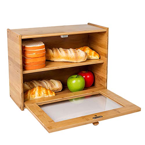 INDRESSME Bamboo 2- Layer Large Capacity Bread Box Countertop Bread Storage Bread Boxes for Kitchen Counter Retro Bread Bin with Transparent Window, Fully Assembled