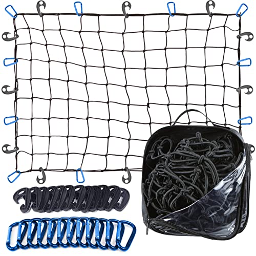 Grit Performance Cargo Net for Pickup Truck Bed - 4 x 6 Foot, Heavy-Duty, Mesh Square Bungee Netting with 12 Blue Clips and Storage Bag - Holds Small and Large Loads