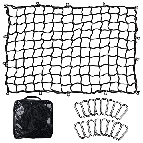 Seven Sparta 5’ x 7’ Bungee Cargo Net Stretches to 10' x 14' for Truck Bed, Pickup Bed, Trailer, Trunk, SUV with 16 Bonus D Clip Carabiners Car Organizer Net for Large Loads (Black)