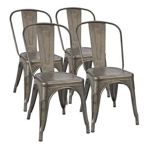 Furmax Metal Dining Chairs Set of 4 Indoor Outdoor Chair Patio Chicken Chair 18 Inch Seat Height Trattoria Chic Dining Bistro Cafe Side Stackable Metal Chairs, Gun
