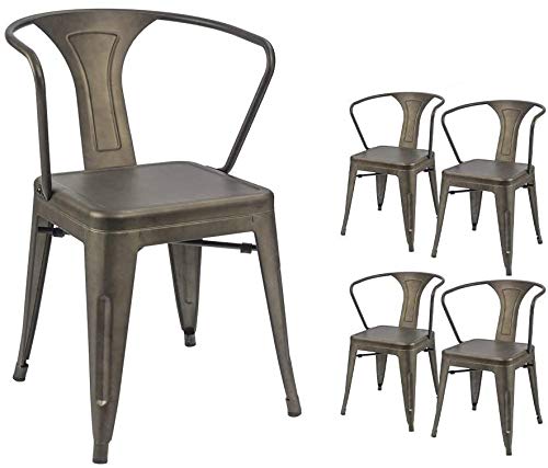 Devoko Metal Chair Indoor-Outdoor Tolix Style Kitchen Dining Chairs Stackable Arm Chairs Set of 4 (Gun)