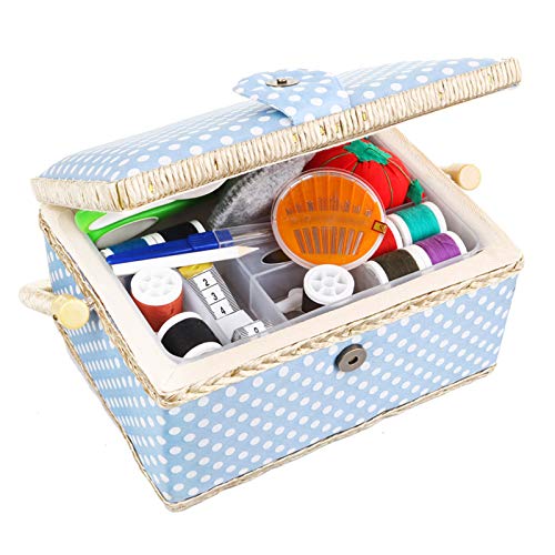 Large Sewing Basket with Accessories Sewing Kit Storage and Organizer with Complete Sewing Tools - Wooden Sewing Box** with Removable Tray and Tomato Pincushion for Sewing Mending - Blue