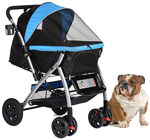 HPZ PET Rover Premium Heavy Duty Dog/Cat/Pet Stroller Travel Carriage with Convertible Compartment/Zipperless Entry/Reversible Handlebar/Pump-Free Rubber Tires for Small, Medium and Large Pets (Blue)