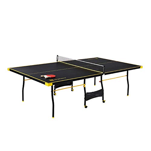 MD Sports Table Tennis Set, Regulation Ping Pong Table with Net, Paddles and Balls (8 Pieces) - Black & Yellow