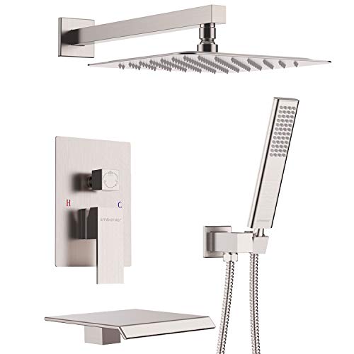 EMBATHER Shower System with Waterfall Tub Spout 10 inch Shower Tub Faucet Set with Rain Showerhead and Handhled,Brushed Nickle (Contain Rough-in Valve Body and Trim)