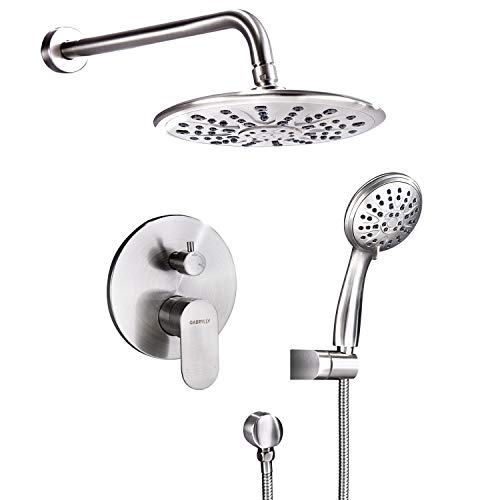 Shower System, Wall Mounted Shower Faucet Set for Bathroom with High Pressure 8' Rain Shower head and 3-Setting Handheld Shower Head, Brushed Nickel（Pressure Balance Valve Included)