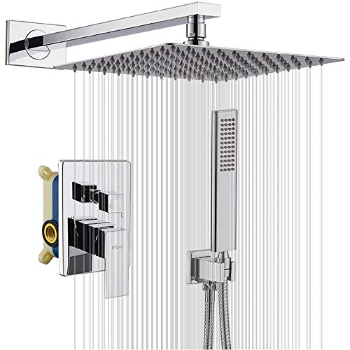 Iriber Chrome Shower System 10 Inch High Pressure Rainfall Shower Head Brass Shower Set Bathroom Rain Shower Mixer Shower Valve Modern Rain Shower and Shower Faucet and Handheld Combo Set