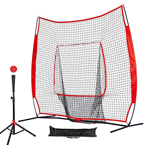 Baseball and Softball Practice Net 7'×7' Portable Hitting Batting Training Net with Carry Bag & Metal Frame + Baseball Softball Batting Tee (Baseball Net with Batting Tee)