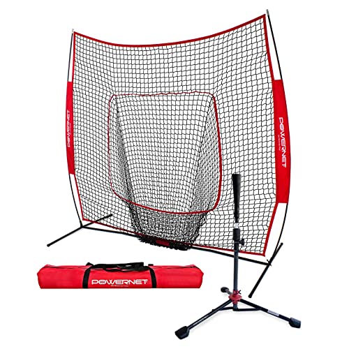 PowerNet Baseball Softball Practice Net 7x7 with Travel Tee | Practice Hitting, Pitching, Batting, Fielding | Portable Backstop (Red)
