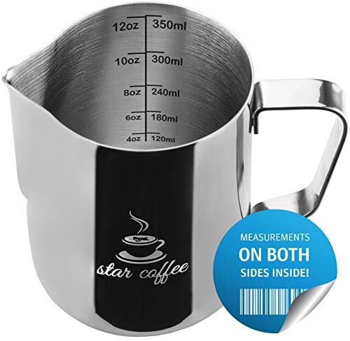 Milk Frothing Pitcher 12oz - Steaming Pitchers 12 20 30oz - Measurements on Both Sides Inside Plus eBook - Frother cup for Espresso Machines, Milk Frothers, Latte Art - Stainless Steel Coffee Jug