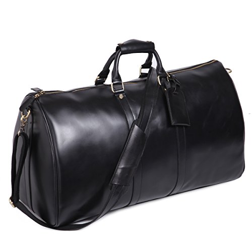 Leathario Mens Genuine Leather Overnight Travel Duffle Overnight Weekender Bag Luggage Carry On Airplane(Black-122)
