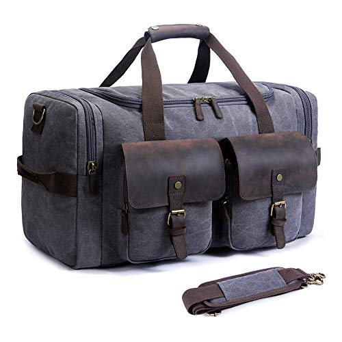 SUVOM Canvas Duffle Bag Leather Weekend Bag Carry On Travel Tote Duffel Weekender Luggage Oversized Holdalls Handbag for Men and Women with Padded Shoulder Strap(Dark Grey)