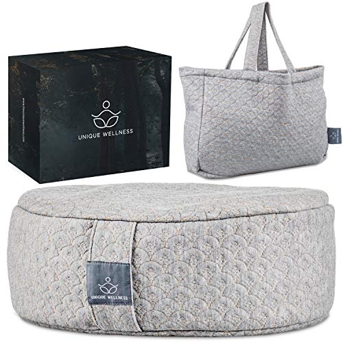 Unique Wellness Buckwheat Meditation Cushion (17”x13”6”), Meditation Pillows for Sitting On Floor, Yoga Cushion for Women and Men, Tote Bag for Travel, Lavender Scented, Machine Washable