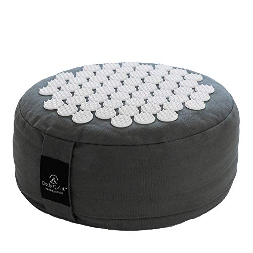 Body Quiet Meditation Cushion with Acupressure for Stress Relief | Large 13' x 6' Buckwheat Meditation Pillow Floor Pillow| Zafu Yoga Pillow with Easy-Handle | Includes 7-Step Meditation Guide (Gray)