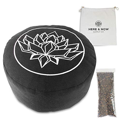 Here & Now Supply Co. Buckwheat Hull Filled Zafu Meditation Cushion | Yoga Floor Pillow Bolster | Carrying Case and Extra Buckwheat Included (Black, 13' x 13' x 5')