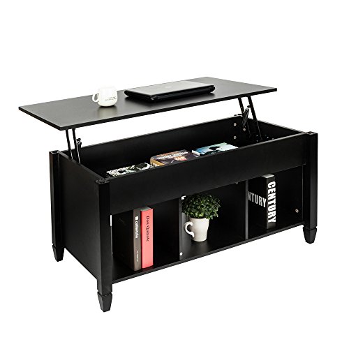 Lift Top Coffee Table with Hidden Storage Compartment & Shelf, Lift Tabletop Dining Table for Living Room, 19.2-24.6in H Solid Wood Legs (Black)