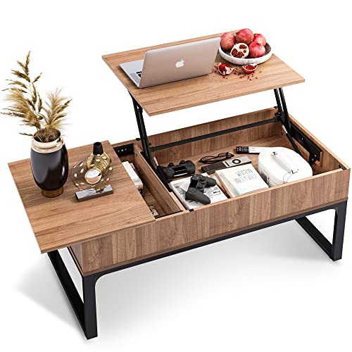 WLIVE Lift Top Coffee Table with Hidden Compartment, Cocktail Table, Rising Center for Living Room, Side Drawer and Metal Frame, Walnut Oak