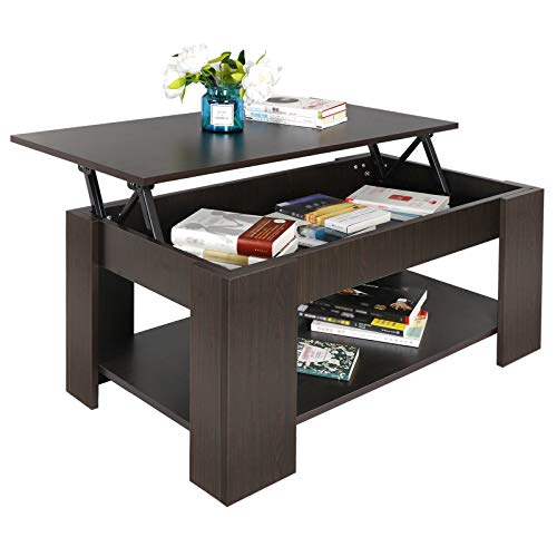SUPER DEAL Lift Top Coffee Table w/Hidden Compartment and Storage Shelves Pop-Up Storage Cocktail Table for Living Room Reception Room